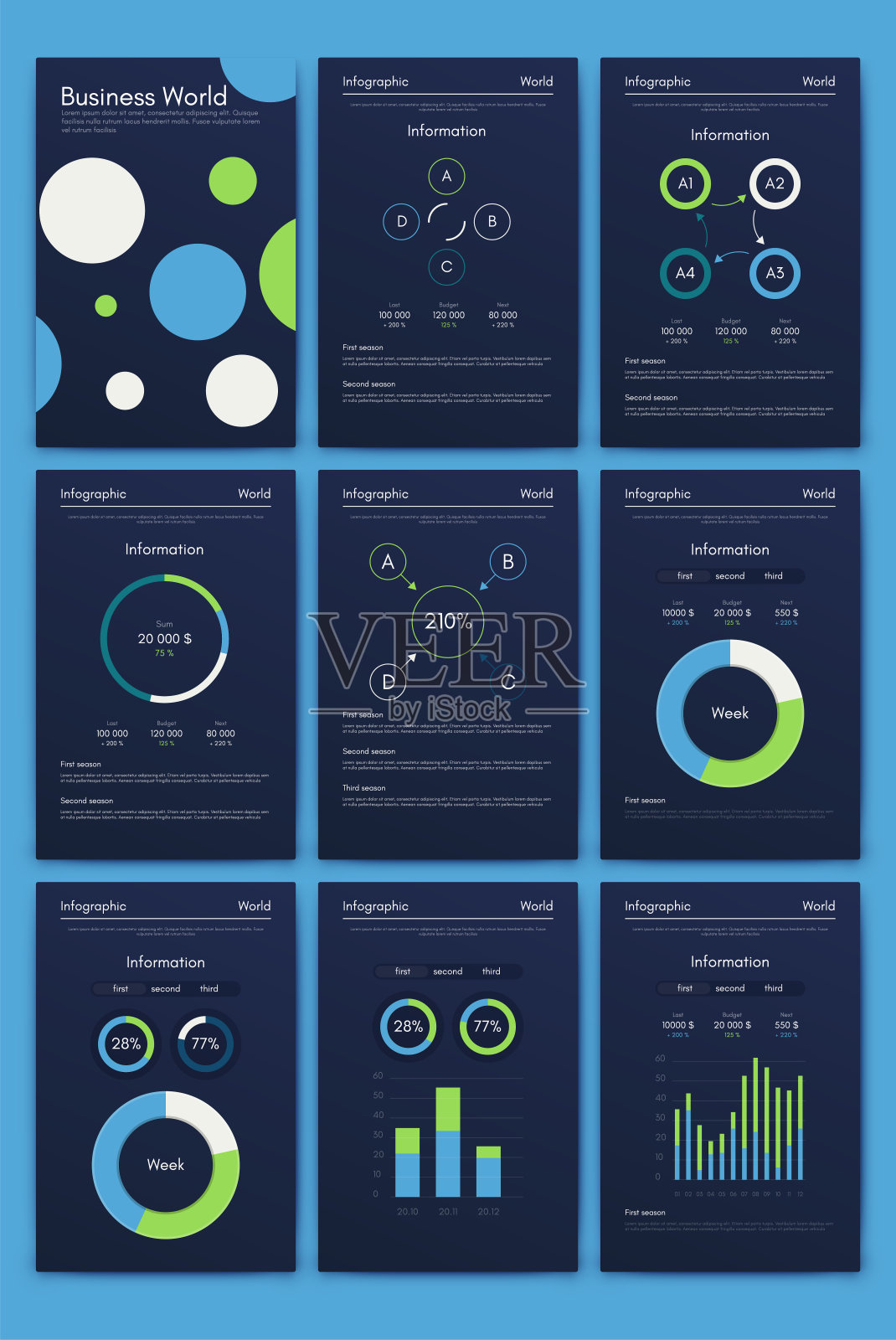 商业手册的现代信息图形矢量元素。适用于网站，公司宣传册，广告和市场营销。饼状图、折线图、条形图和时间线。插画图片素材