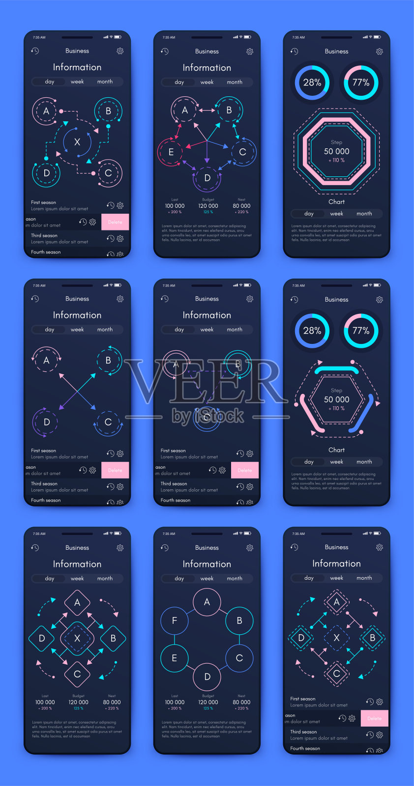 商业手册的现代信息图形矢量元素。适用于网站，公司宣传册，广告和市场营销。饼状图、折线图、条形图和时间线。插画图片素材