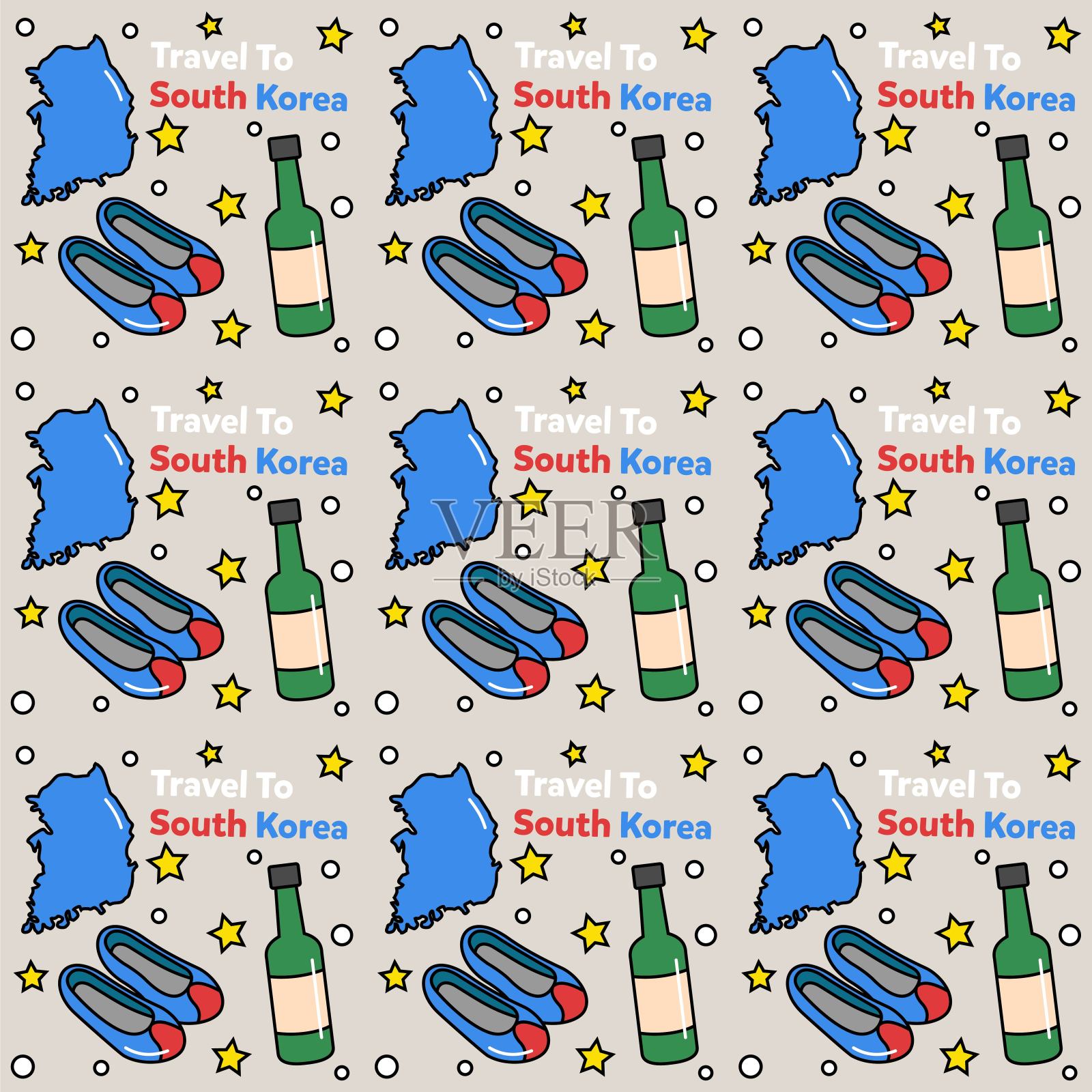韩国旅游涂鸦无缝图案矢量设计。泡菜，地图，国旗图标与韩国相同插画图片素材