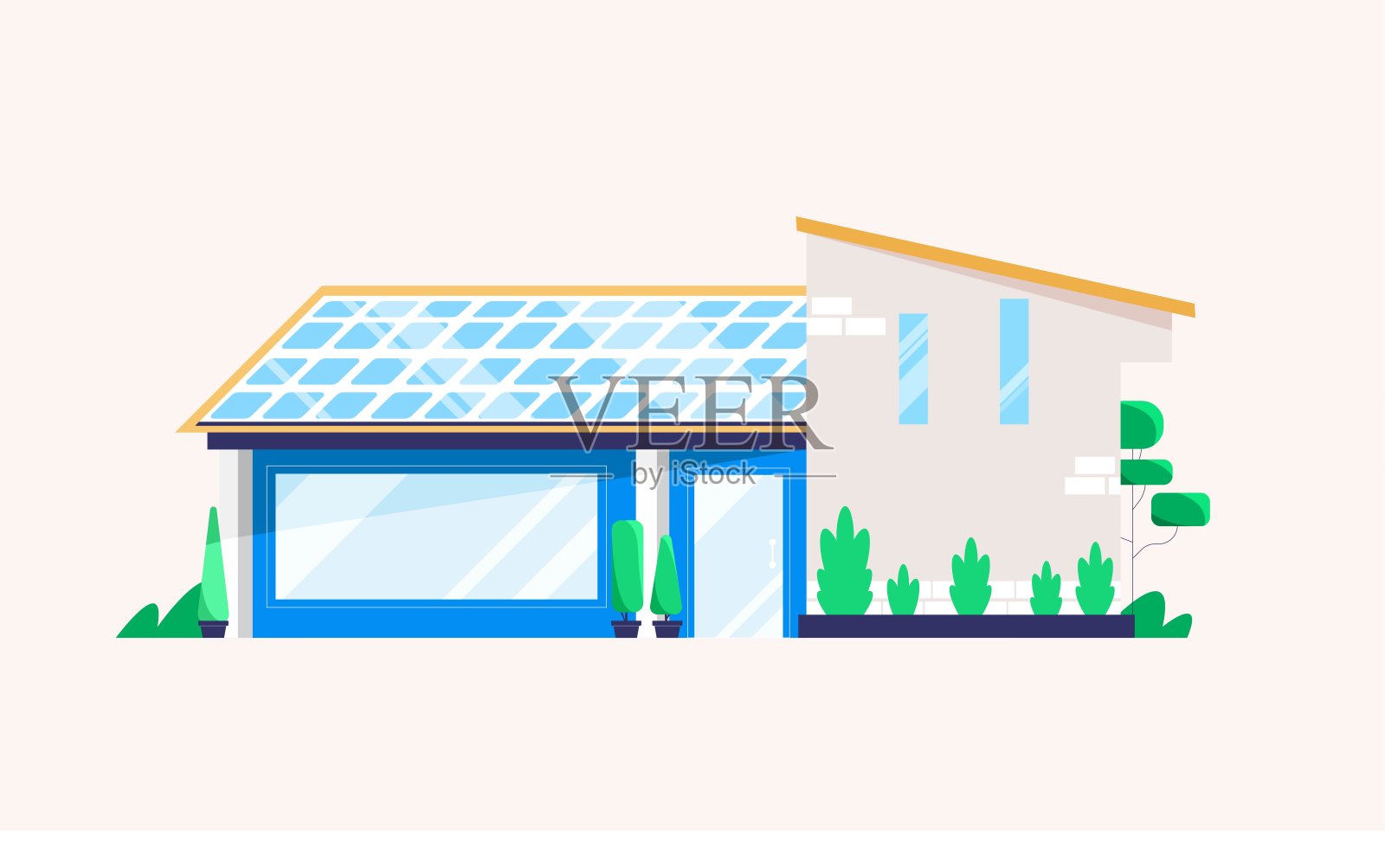 使用绿色可再生能源的房子，屋顶上有太阳能电池板。平面风格的矢量插图。插画图片素材