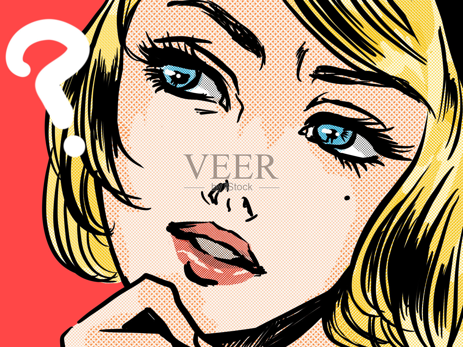 美丽的金发女人想知道些什么和美国漫画风格的讲话泡沫插画图片素材