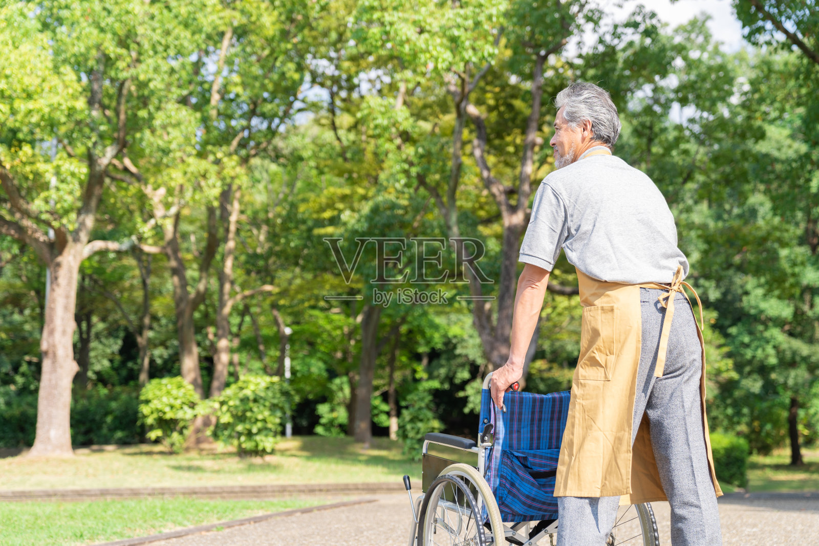 老人推着轮椅，护理员照片摄影图片