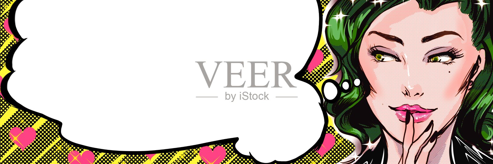 头发鲜艳的美女们想出了一个美国漫画风格的想法和语言泡泡插画图片素材