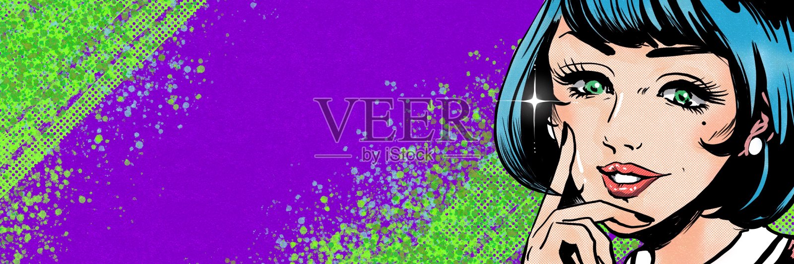 蓝色头发的美女想出了一个点子，用美国漫画的风格画出来插画图片素材