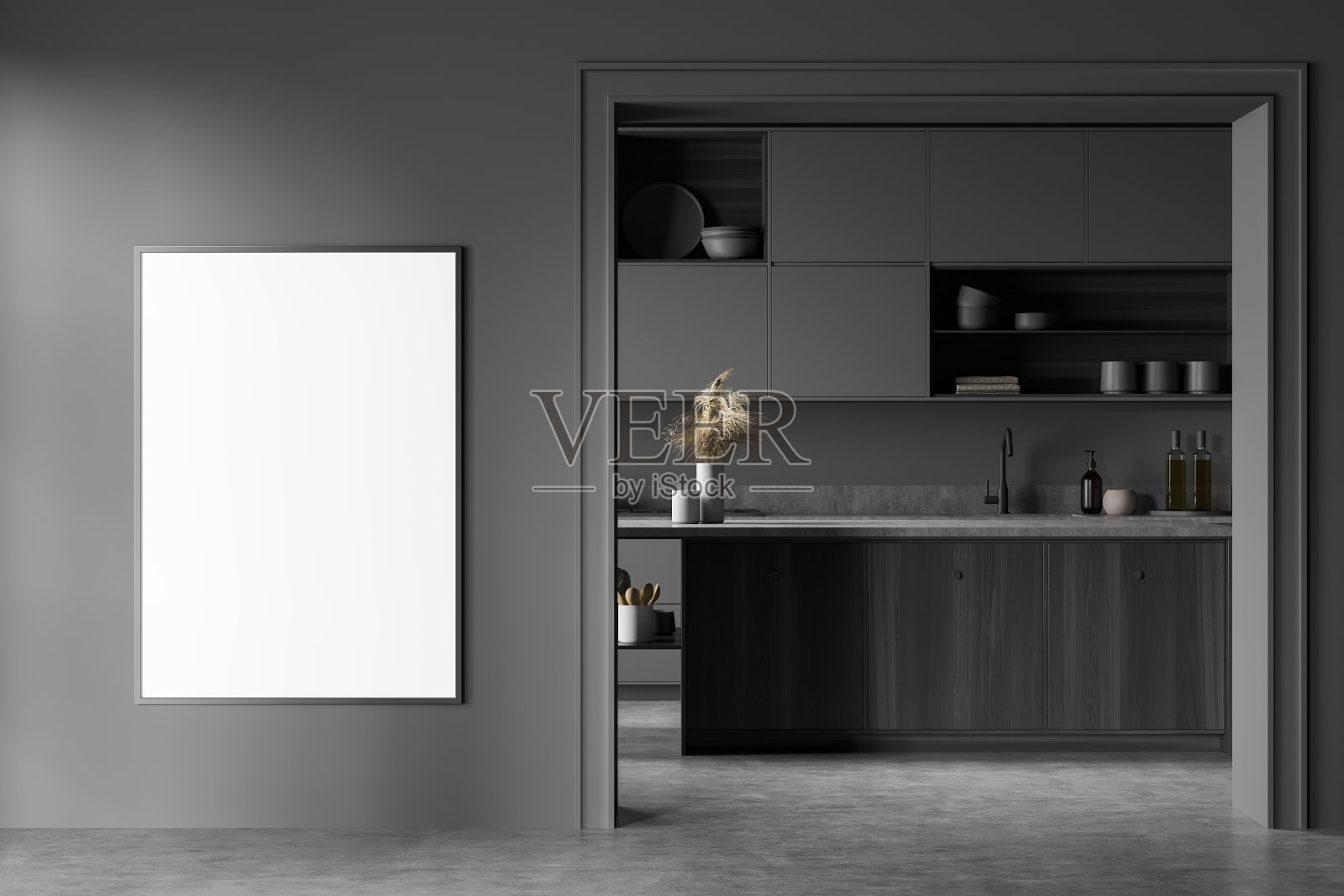 灰色厨房内部与电器和混凝土地板，模拟海报照片摄影图片