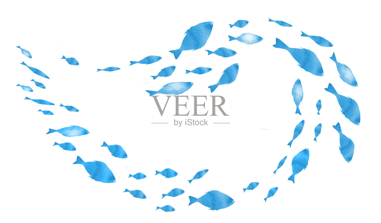 白色的鱼群的剪影。水彩插画图片素材