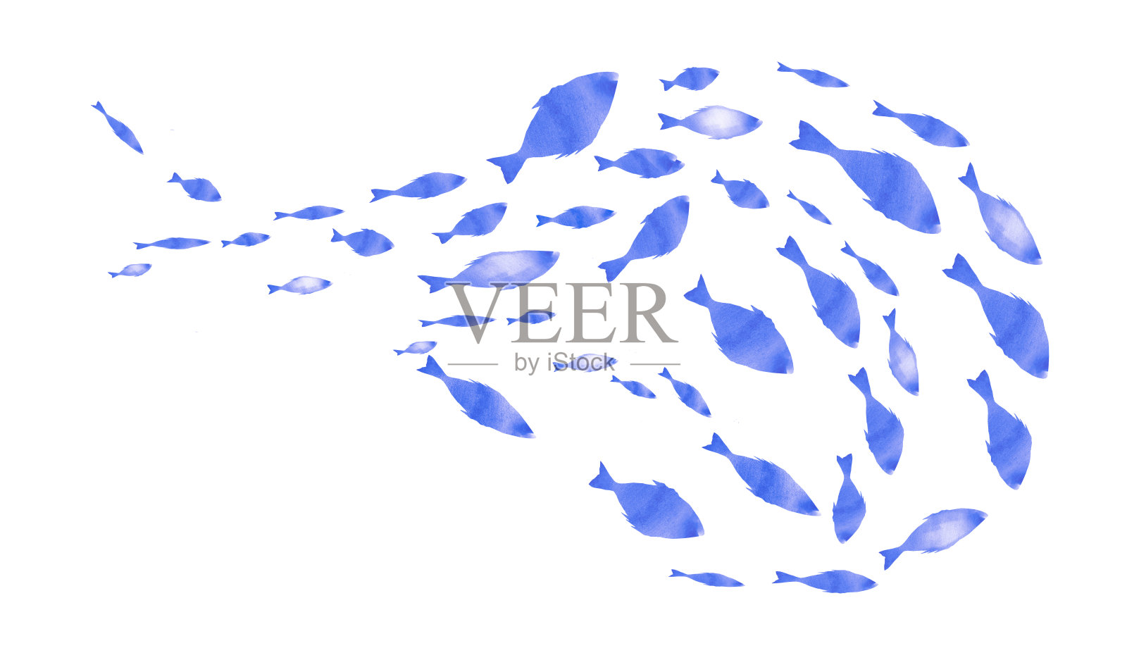 白色的鱼群的剪影。水彩插画图片素材