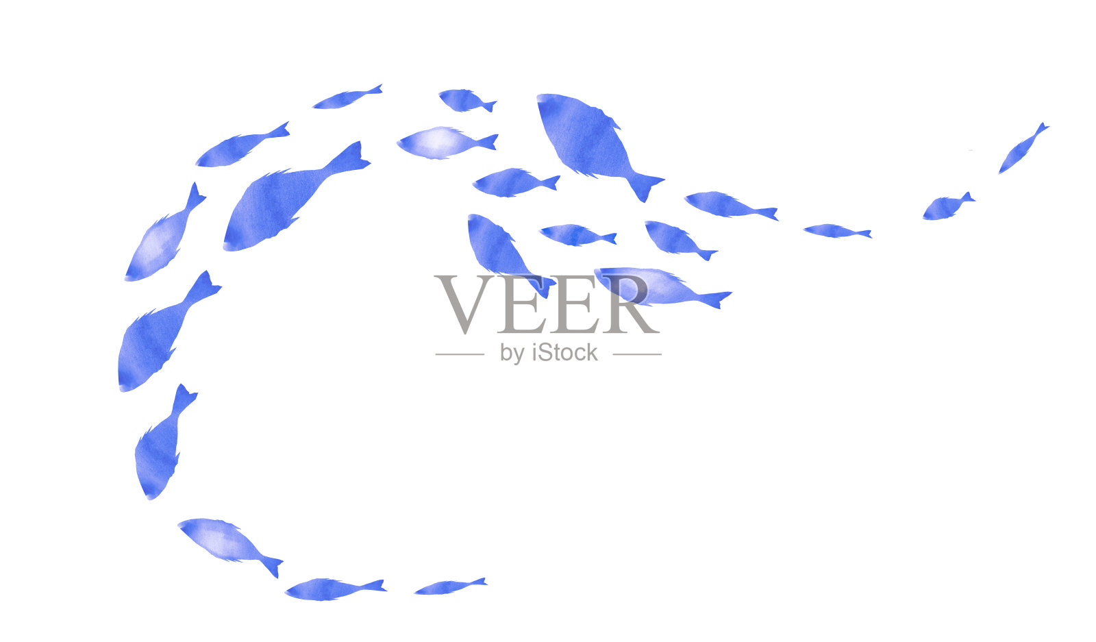 白色的鱼群的剪影。水彩插画图片素材