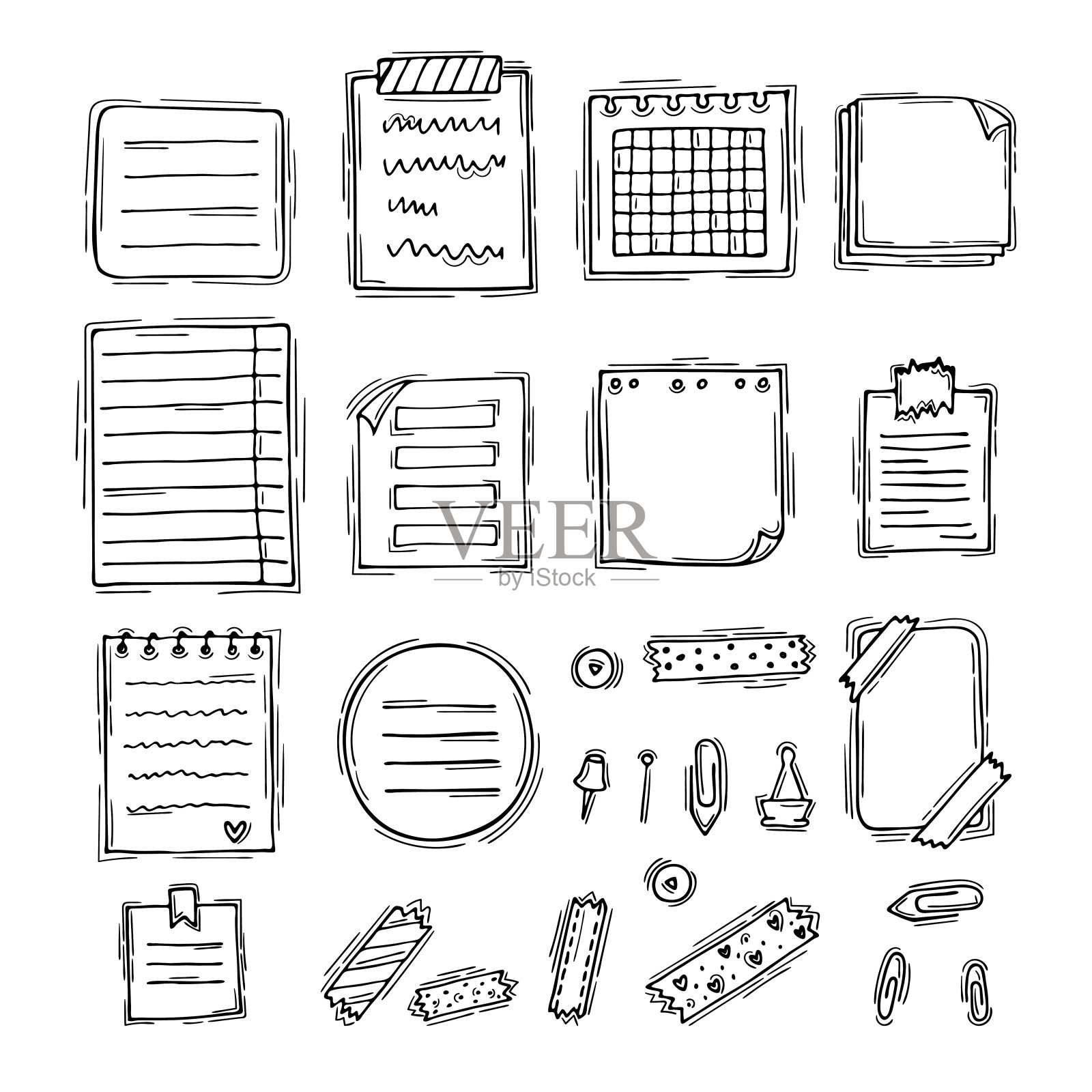手绘的书，文件，笔记本和纸张。文具。素描风格插画图片素材