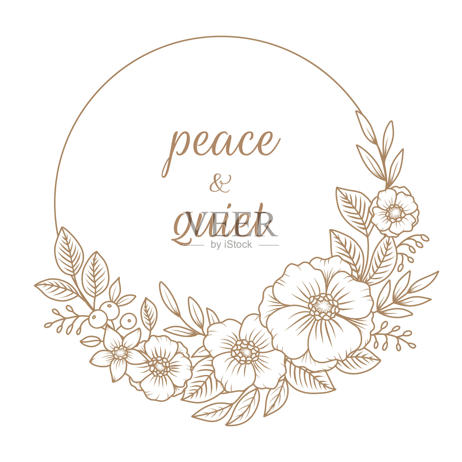 轮廓夏季花和叶花环。轮廓画圆框。手绘矢量植物。收集花元素孤立插画图片素材