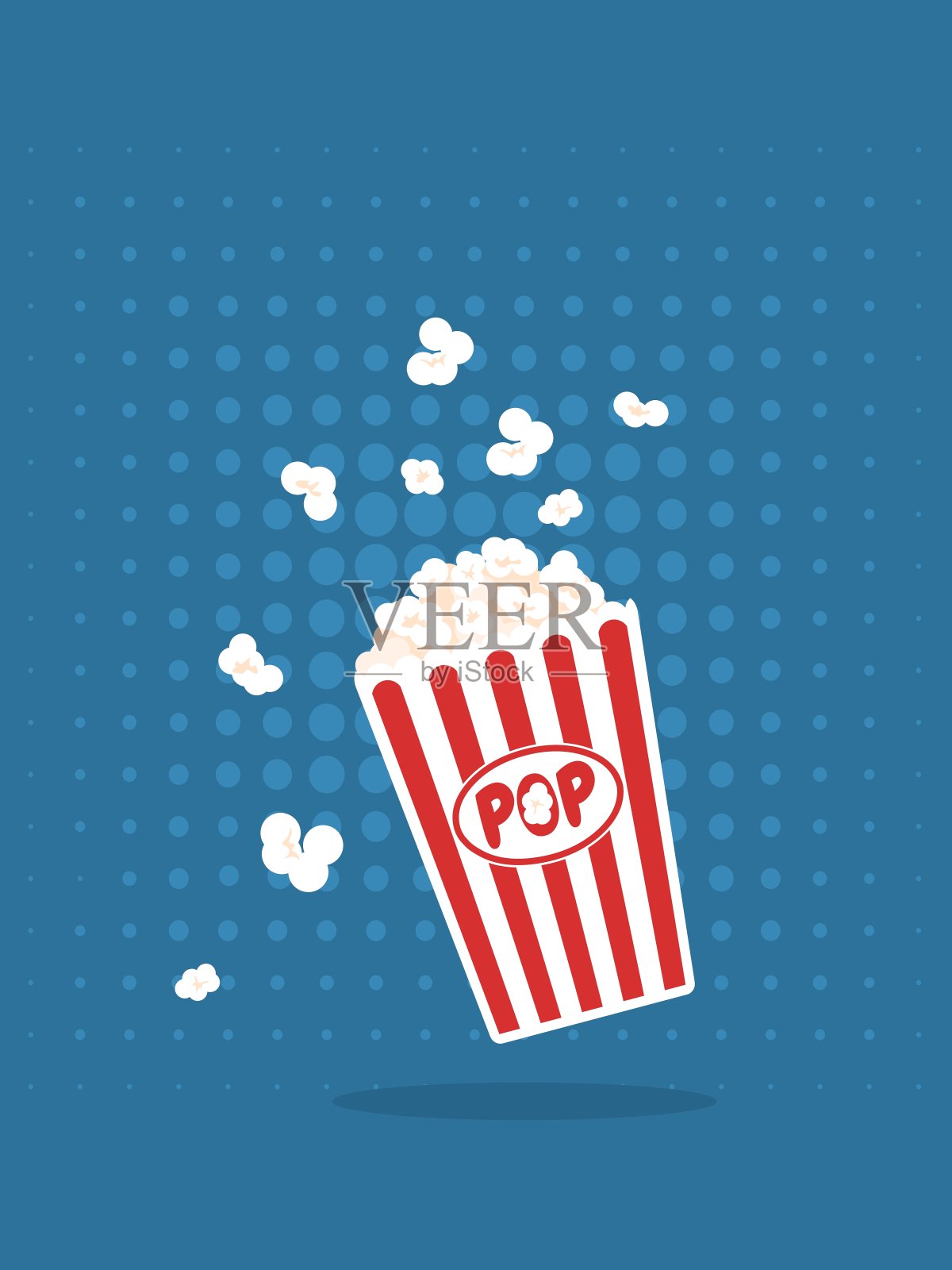 爆米花孤立在蓝色背景上。平面风格的电影图标。零食。红白相间的大条形盒子。作为全国爆米花日的标语。插画图片素材