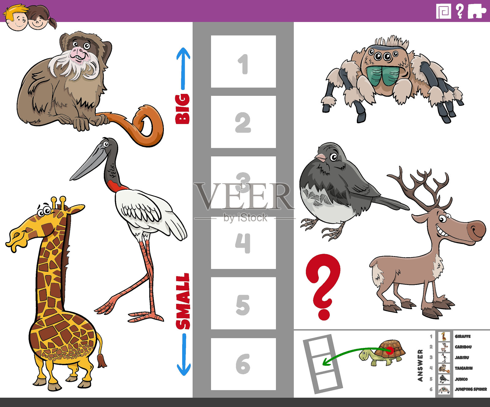 有大大小小的卡通动物的教育游戏插画图片素材