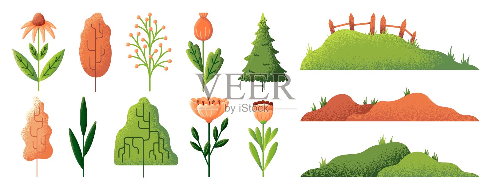 平装饰花。纹理景观元素，花束，草本植物和野花。有木栅栏的青山。夏天时髦的树和植物向量集插画图片素材