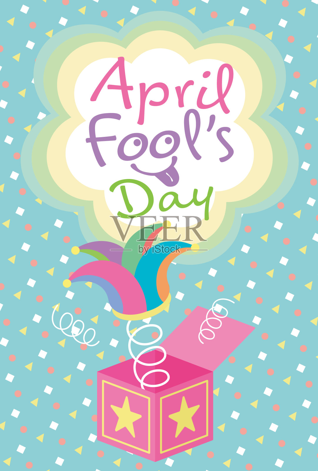 愚人节，惊喜盒和帽子，盒子里的杰克玩具。插画图片素材