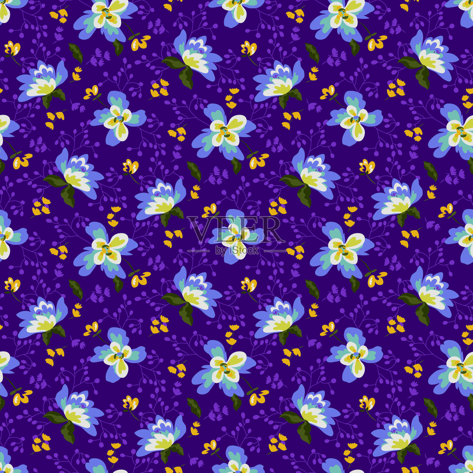 美丽的向量花卉无缝图案设计，漂亮的小花和绿色的叶子在一个充满活力的紫色背景插画图片素材