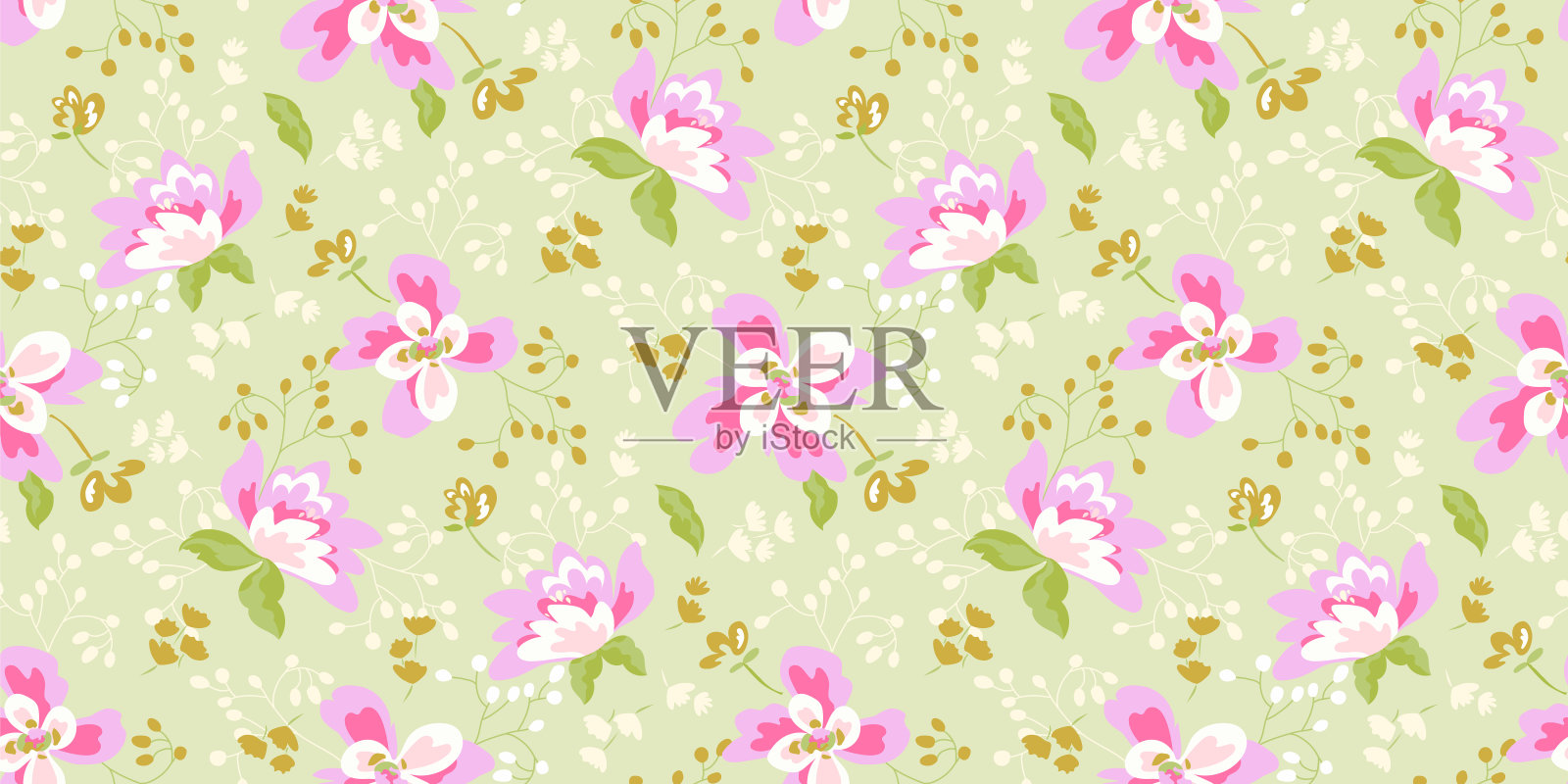 复古美丽的花卉无缝图案设计，漂亮的粉红色花朵和绿色的叶子在一个柔和的绿色背景插画图片素材