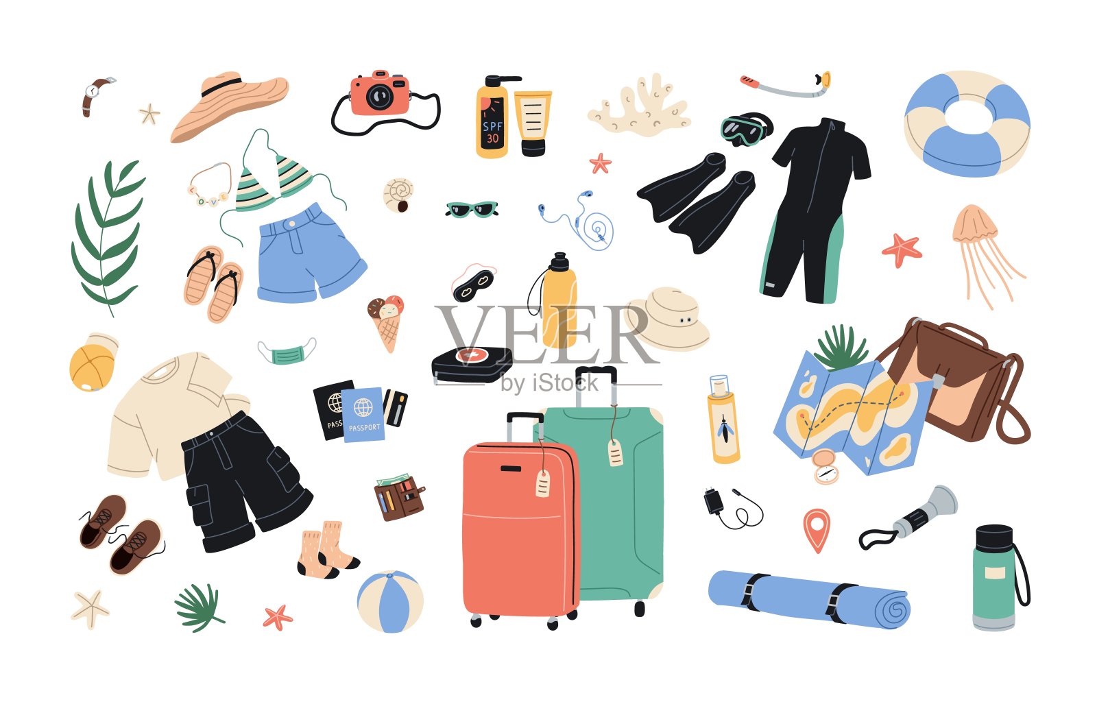 旅行物品从暑假的行李。旅游者向往海上度假。旅游用品，地图，行李箱，衣服，护照，相机。平面矢量插图孤立在白色背景上插画图片素材