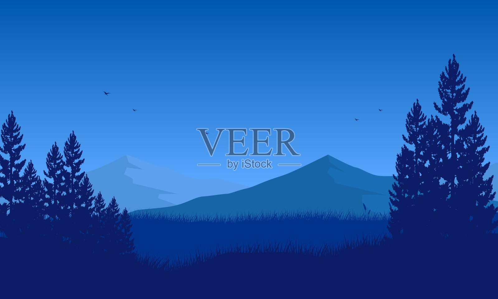 美丽的山景和夜晚村庄里松树的剪影插画图片素材