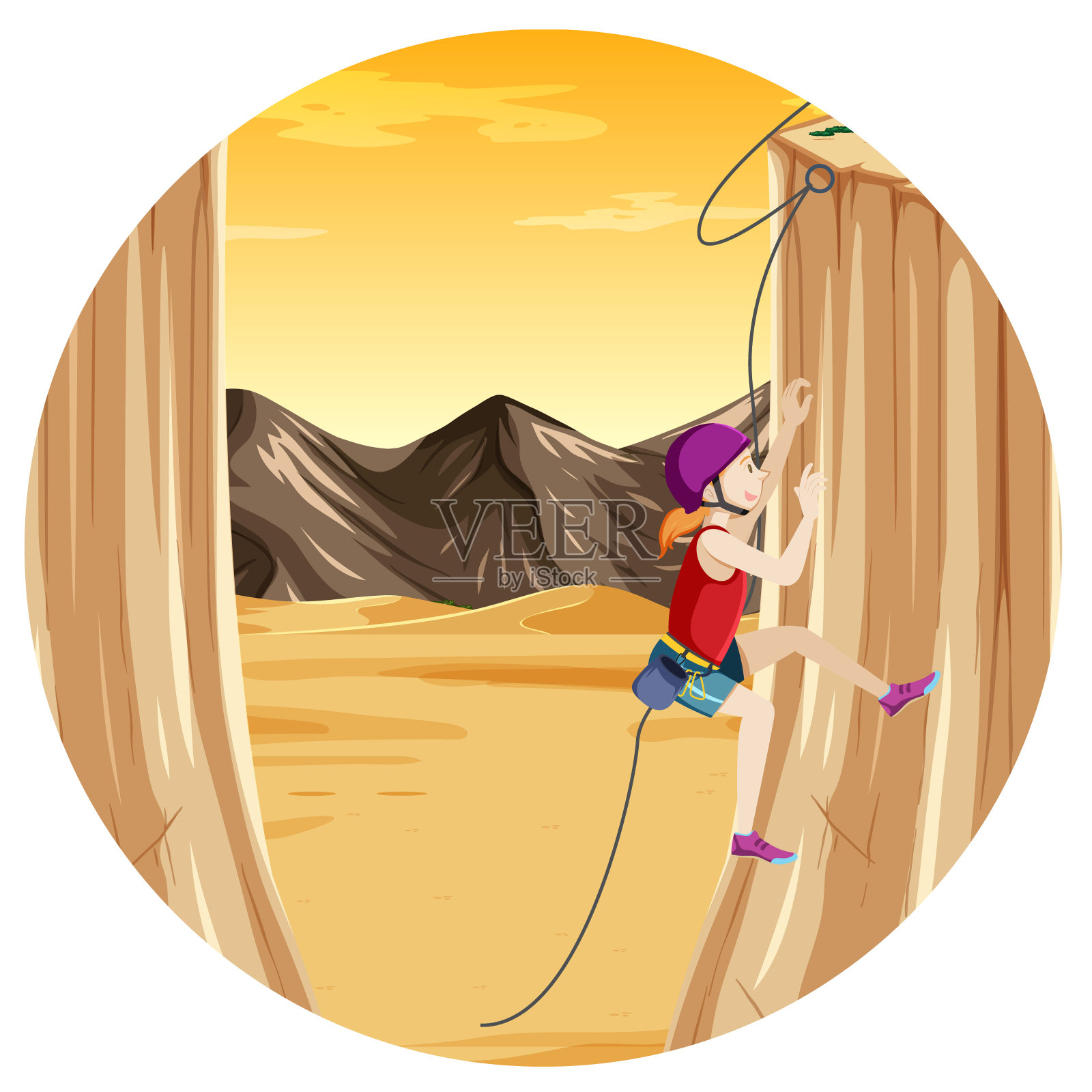 人们在圆形画板上攀登岩石山的场景插画图片素材