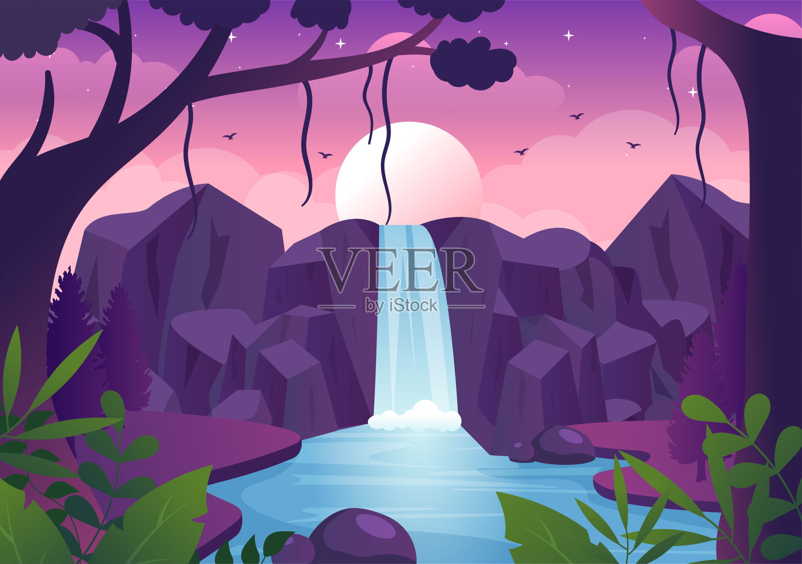 热带自然风景瀑布丛林景观与岩石瀑布，河流溪流或岩石悬崖在平坦的背景矢量插图插画图片素材