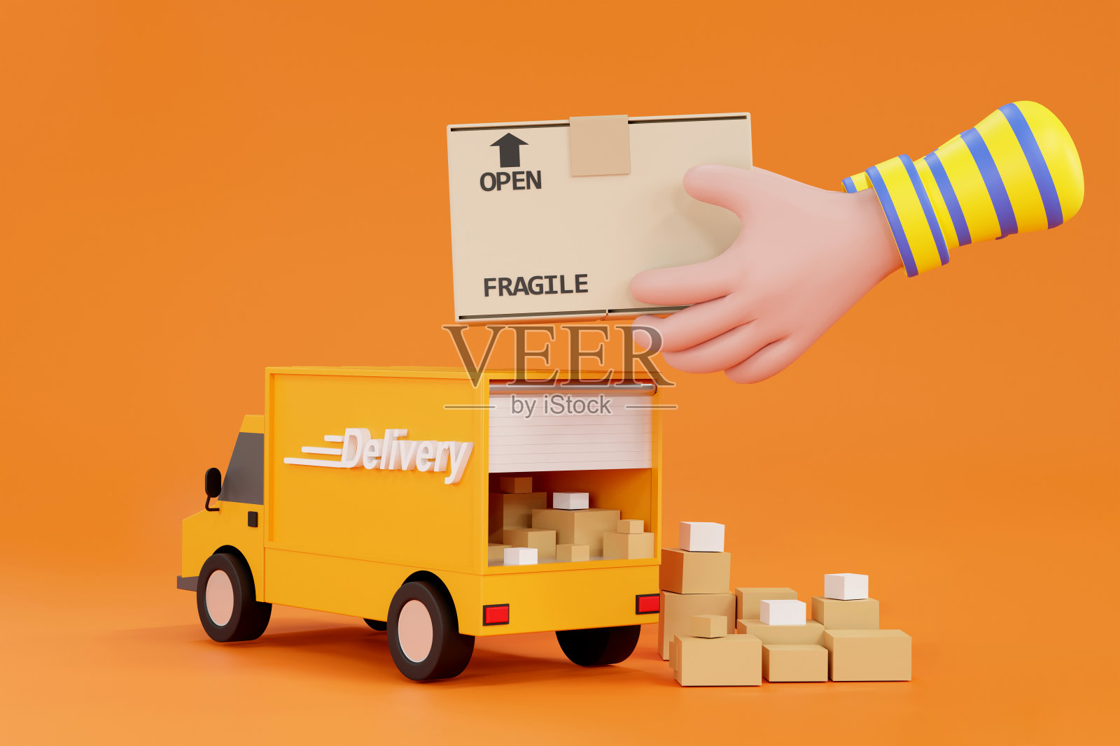 卡通手接受从送货员交付的箱子。照片摄影图片