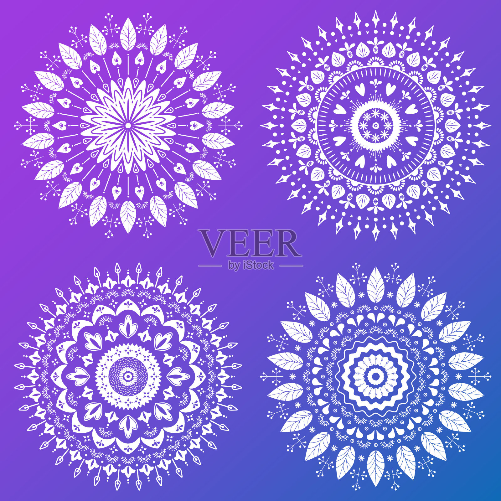 花曼荼罗。在渐变的紫色背景上的四个圆形观赏花。插画图片素材