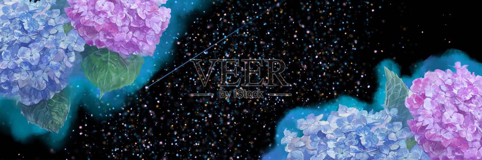 宽插图浅蓝色和紫色绣球花在蓝色的天空由水彩画插画图片素材