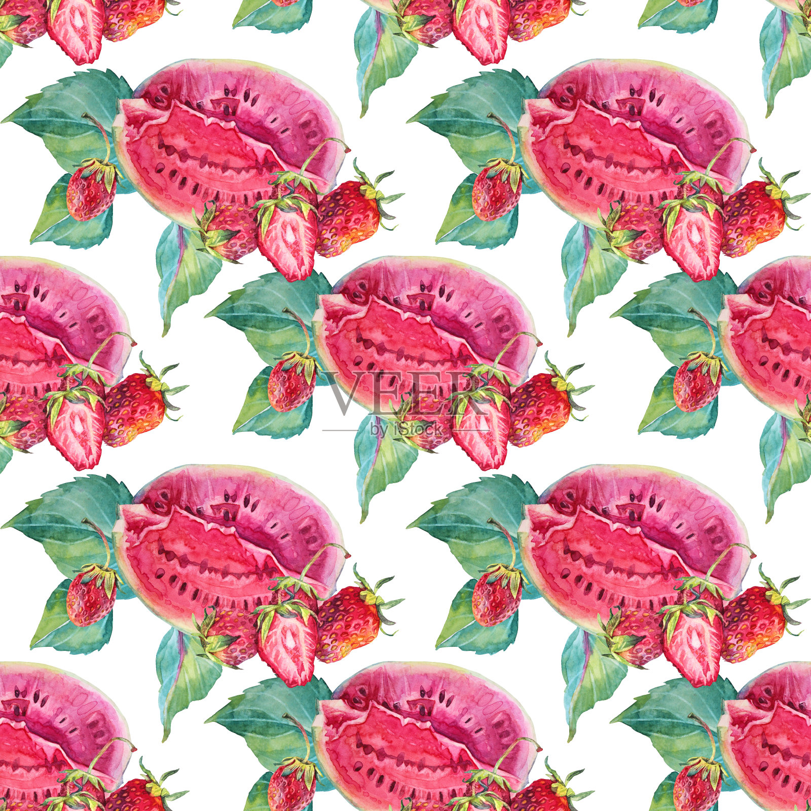 无缝图案夏季水彩切片西瓜和草莓与绿色的叶子在白色的背景。手工绘制的甜浆果厨房食品。菜单上的红色水果甜点。艺术的食谱插画图片素材