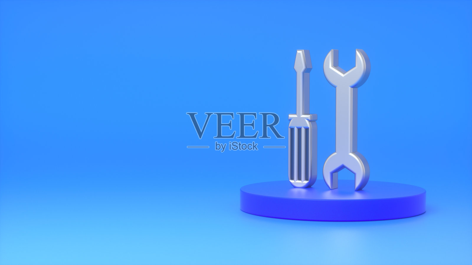 金属标志螺丝刀和扳手工具上的深蓝色平台上的蓝色背景。概念的故障，维修，汽车服务，车间。三维渲染照片摄影图片