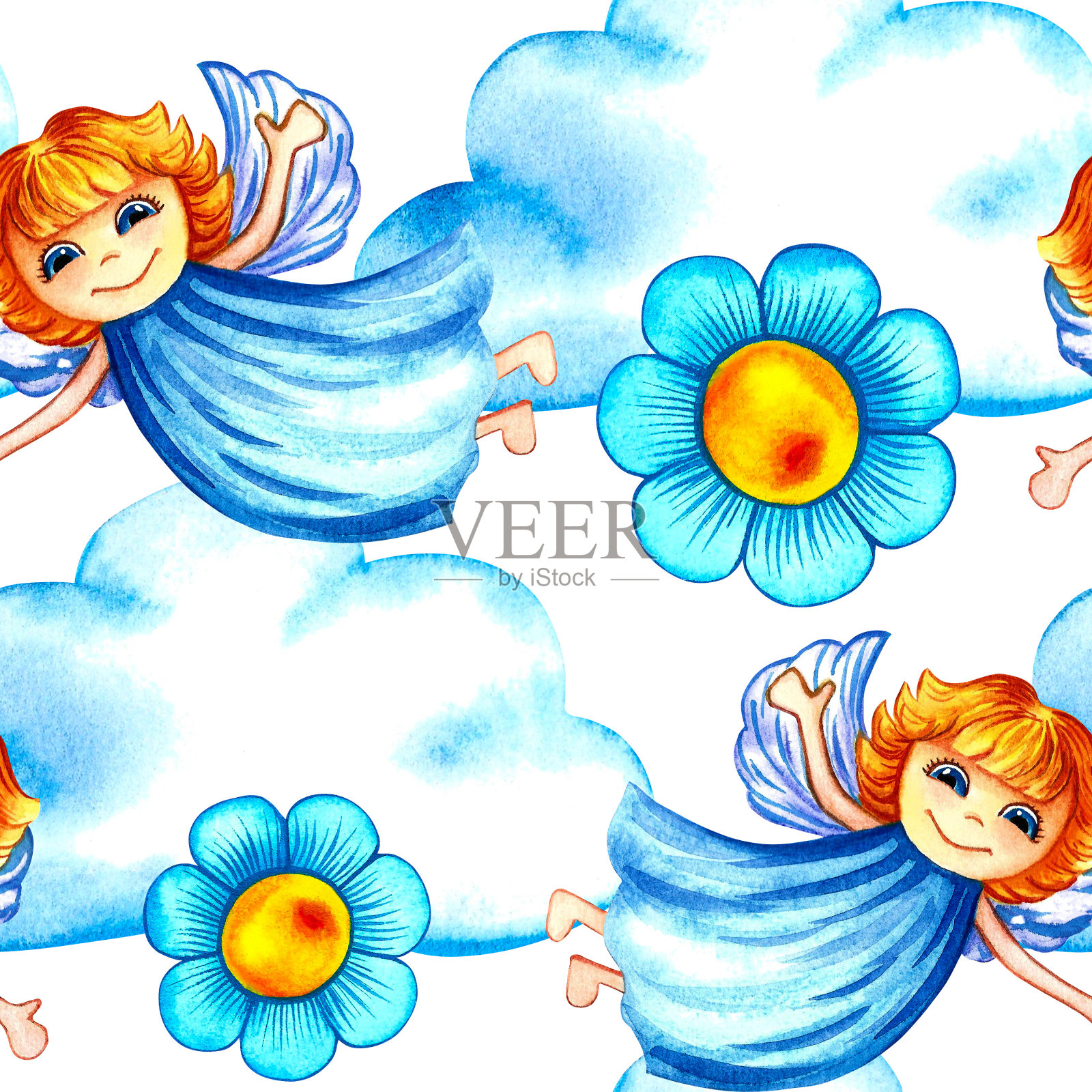 云彩和花朵上的儿童天使图案插画图片素材