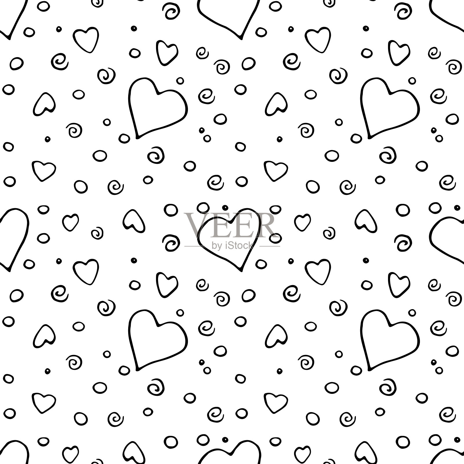 向量无缝抽象模式的轮廓元素心点下降螺旋。手绘涂鸦背景，纺织品纹理，包装纸，情人节插画图片素材