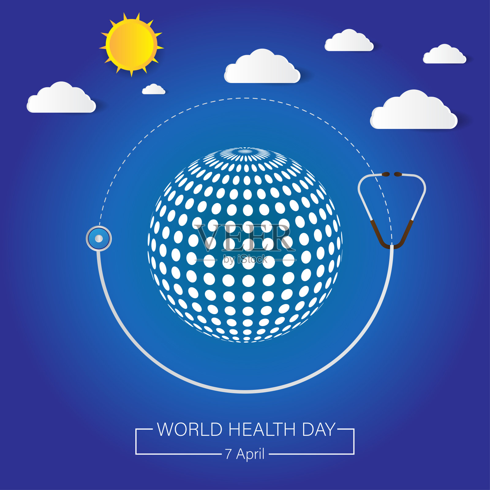 4月7日概念矢量插图文字卡设计与听诊器，云和太阳，地球在白色背景插画图片素材