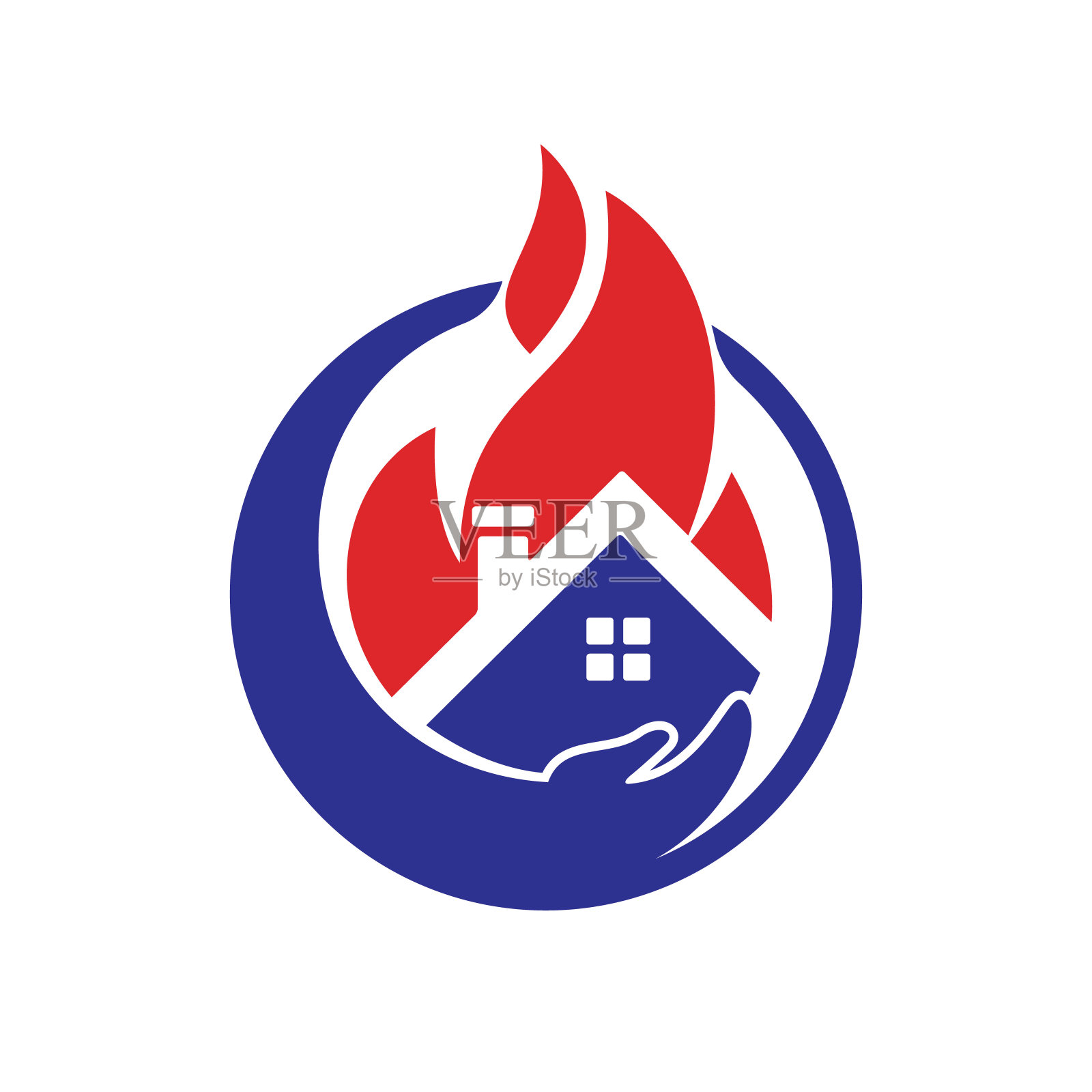 家居保险矢量标志概念。手与火和家图标标志设计。插画图片素材