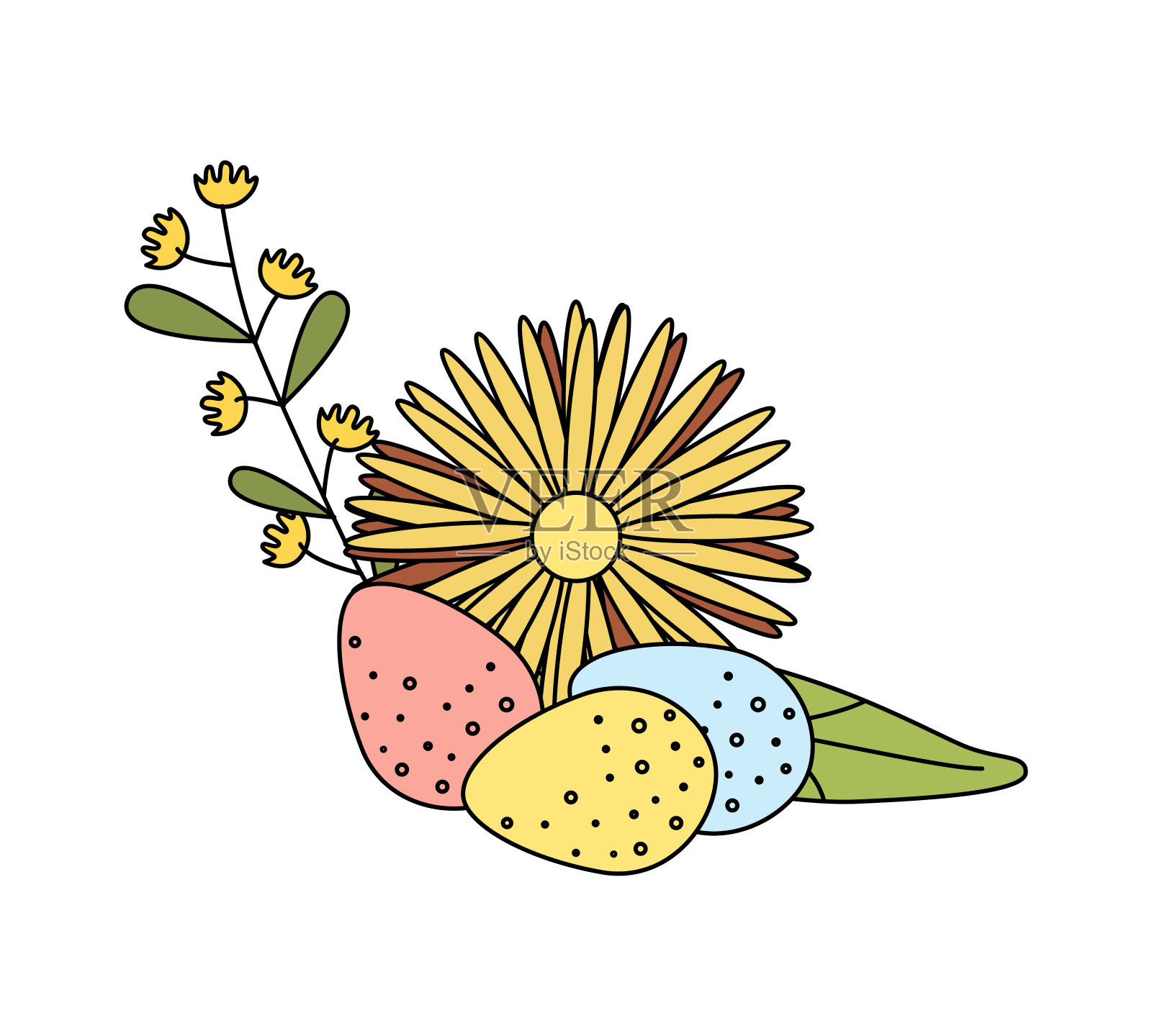 春天复活节插图，花卉组成与鸡蛋插画图片素材