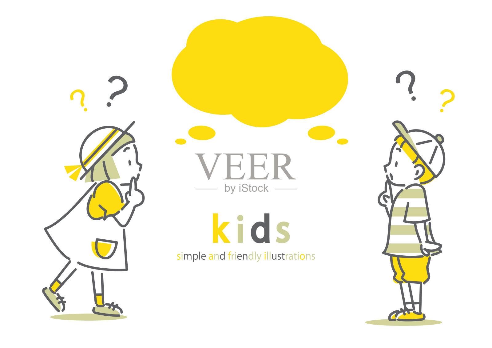 思考小男孩和小女孩，简单的说明插画图片素材