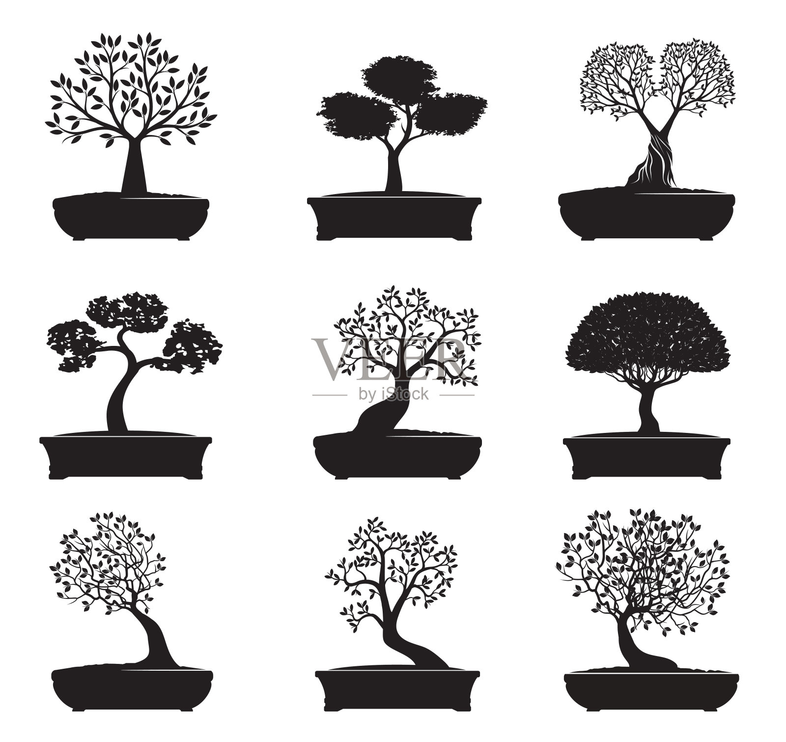 设置黑色盆景树。矢量插图。插画图片素材