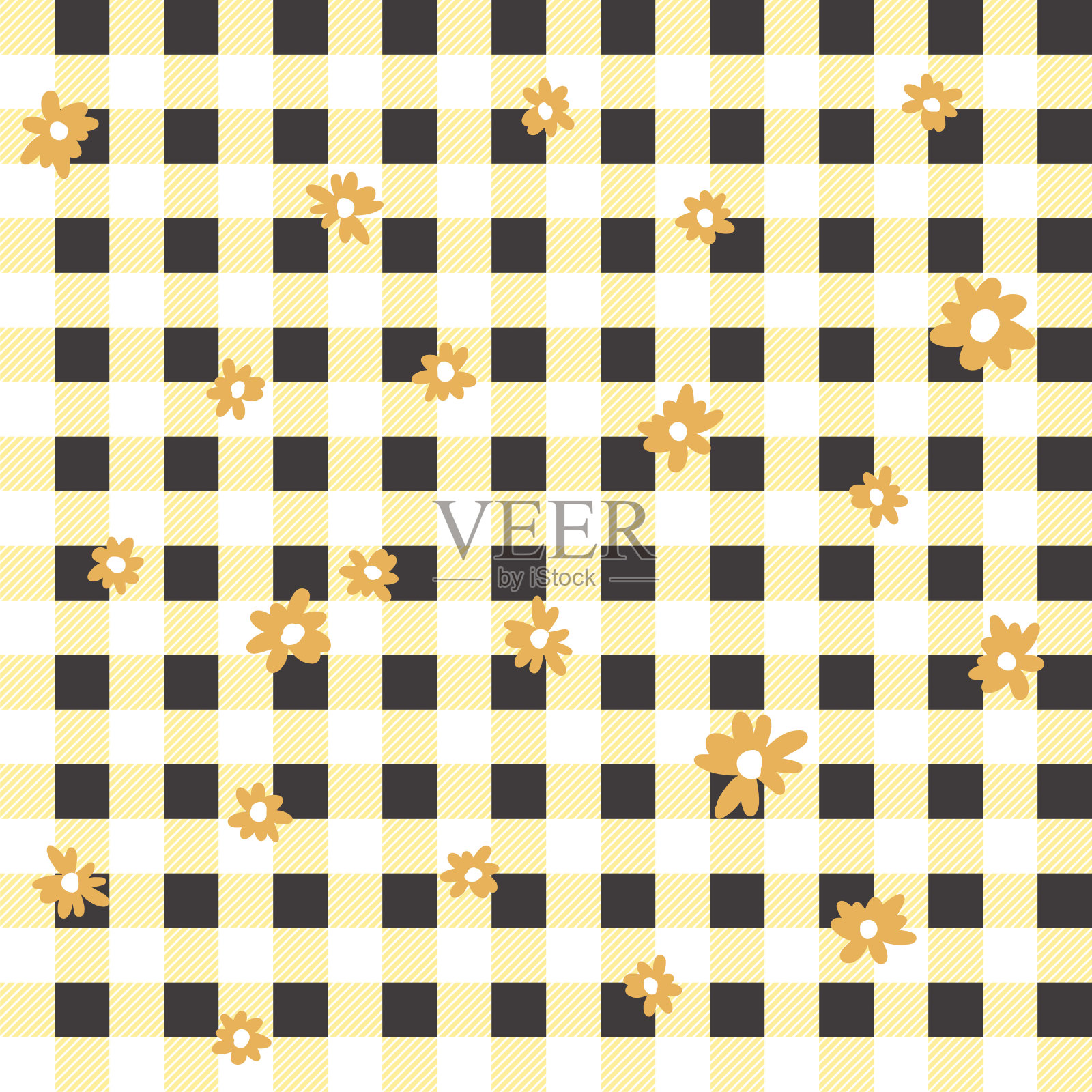 无缝简单的方格图案，几何黑色和黄色与橙色花矢量背景插画图片素材