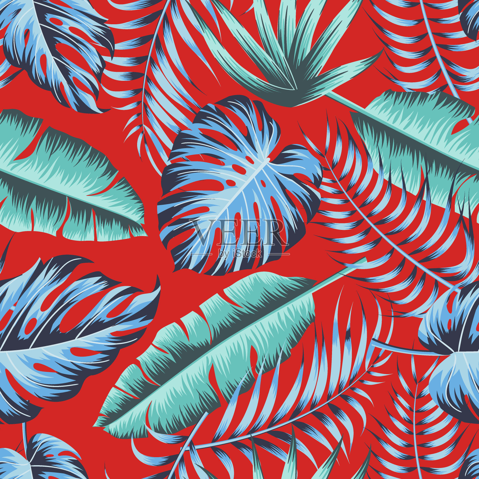 有叶的花无缝图案。热带的背景插画图片素材