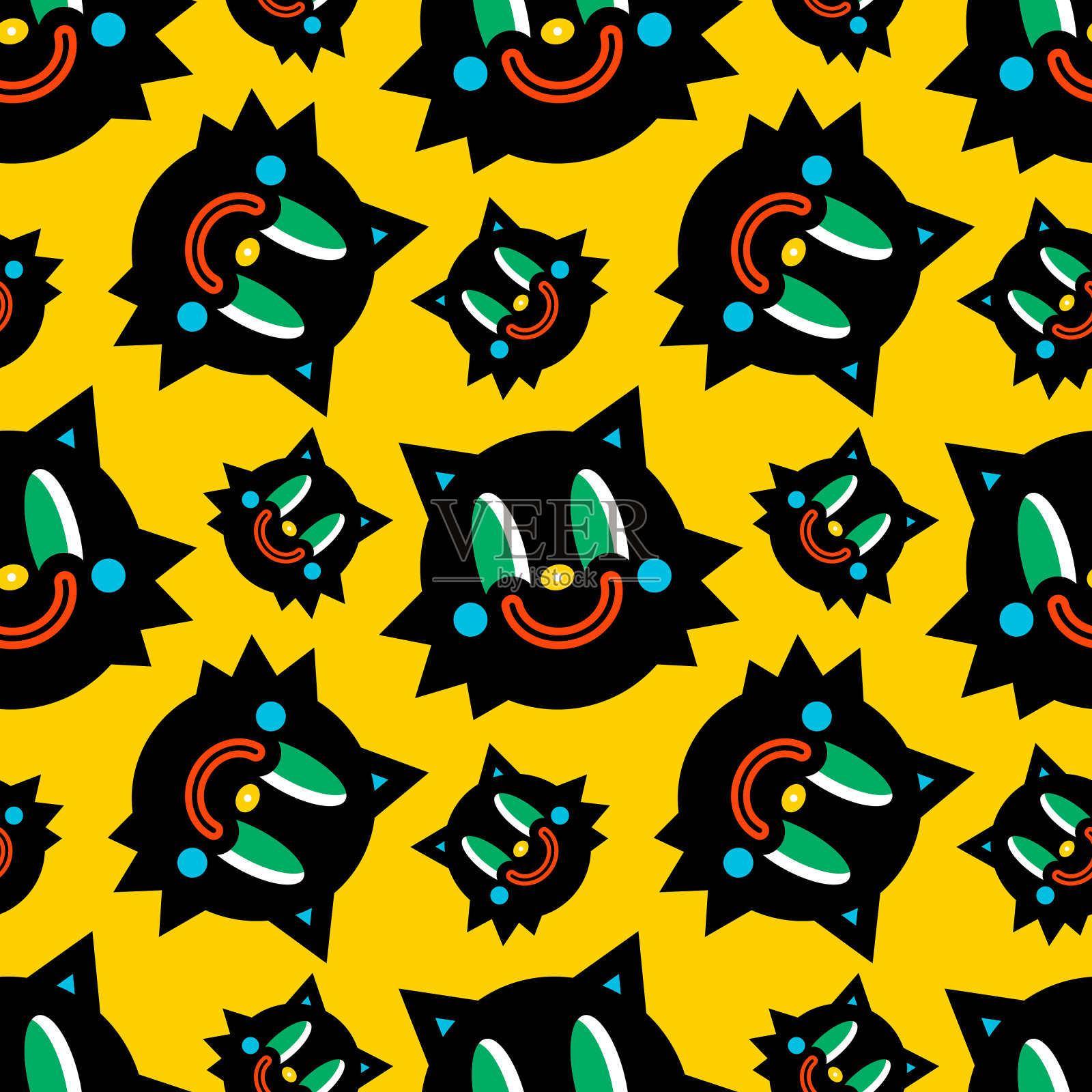 一只疯狂有趣的黑猫的图案。插画图片素材