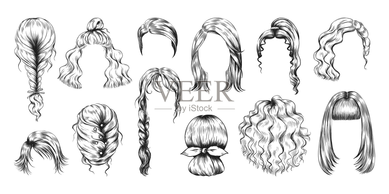 手绘理发。女性假发草图。女人的长发型和短发型。女孩美容院模特。发辫，马尾辫和发髻。矢量发型铅笔画孤立集插画图片素材