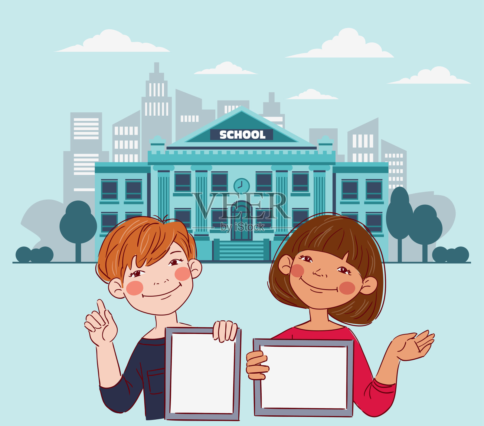 快乐的男孩女孩们展示着空白的平板电脑屏幕。可爱的孩子在用平板电脑。回到学校向量的概念插画图片素材