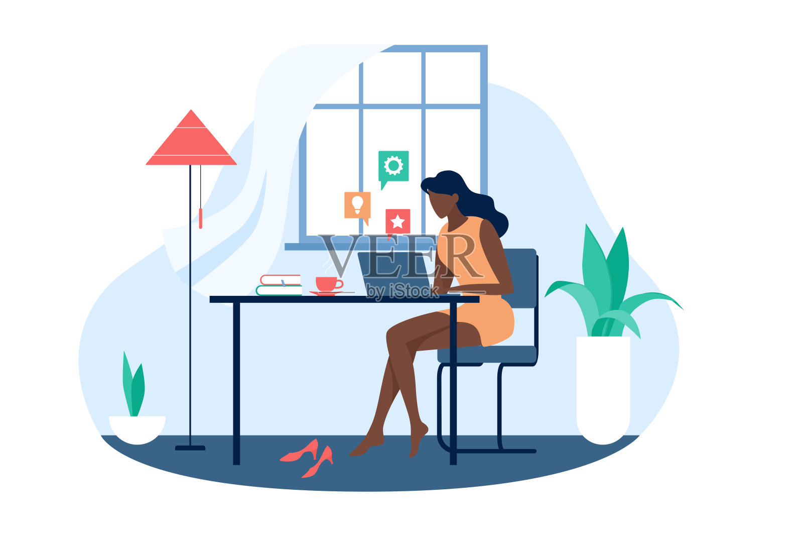 在线工作的自由职业者在现代家庭办公室，忙碌的年轻女性工作与笔记本电脑插画图片素材