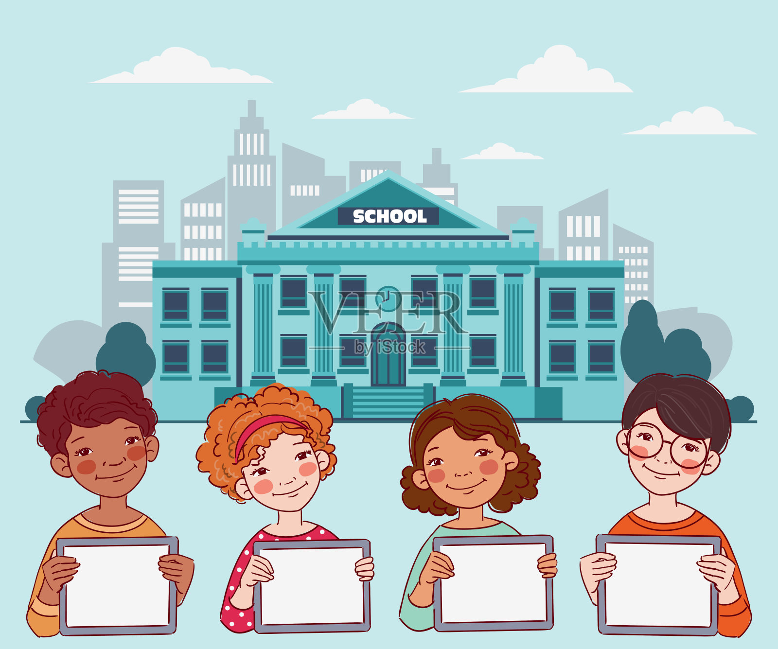 快乐的男孩女孩们展示着空白的平板电脑屏幕。可爱的孩子在用平板电脑。回到学校向量的概念插画图片素材