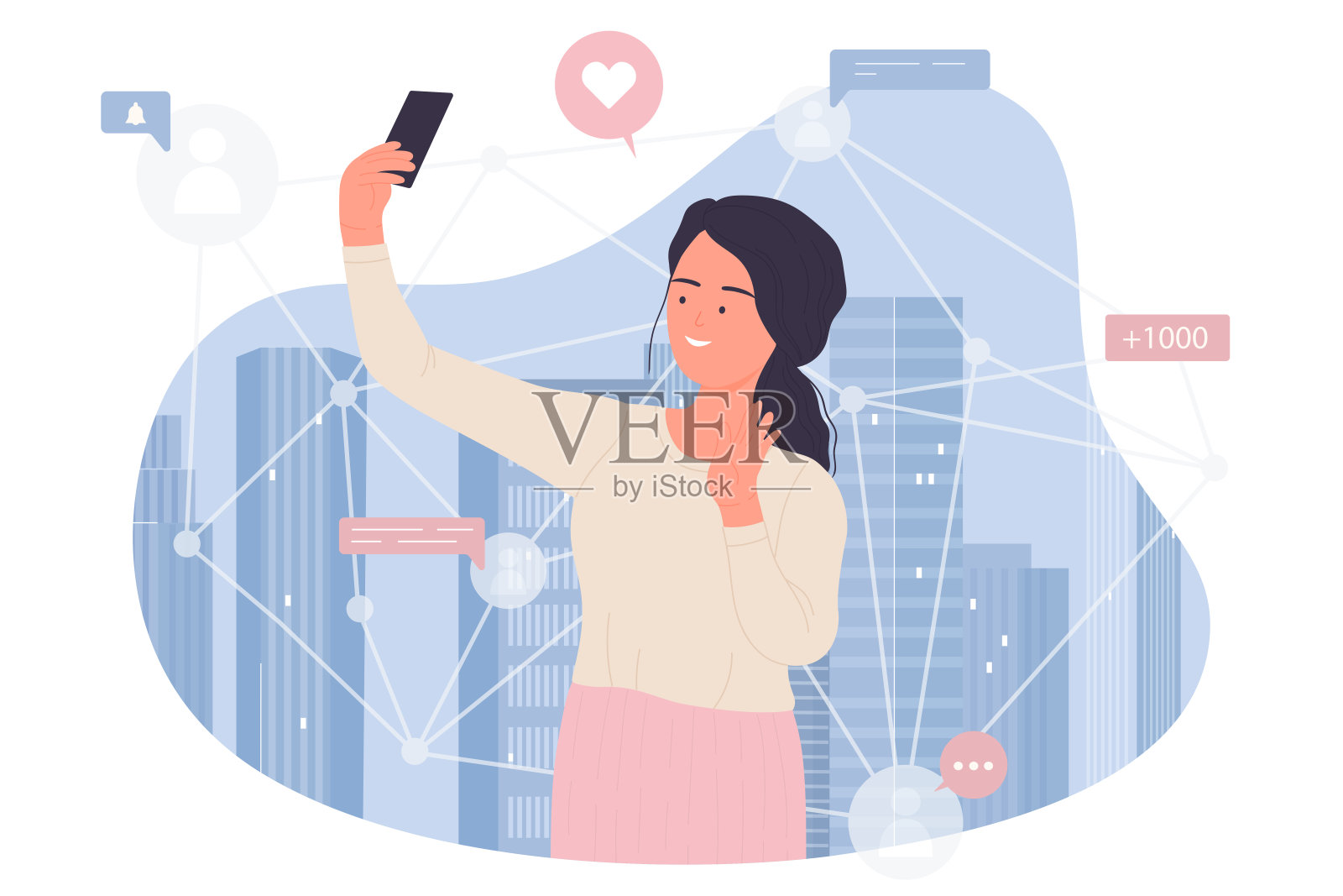 社交媒体，连接人们的全球网络圈子里的化身，拿着手机的女孩插画图片素材