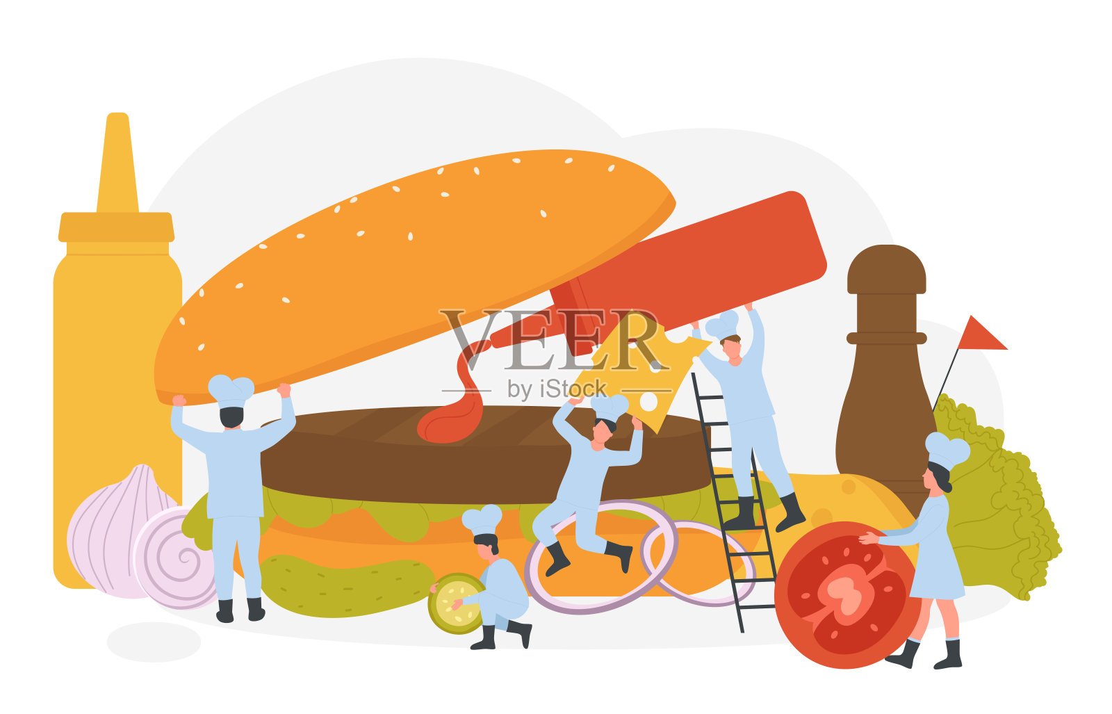 在咖啡馆或餐厅做快餐汉堡菜单时，小厨师们会做汉堡插画图片素材
