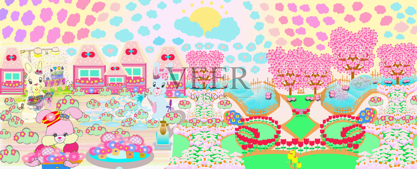 明亮甜蜜的浅蓝色，粉红色，和棕色卡通兔子兔子与花工作和浇花在花园彩色插图2022插画图片素材