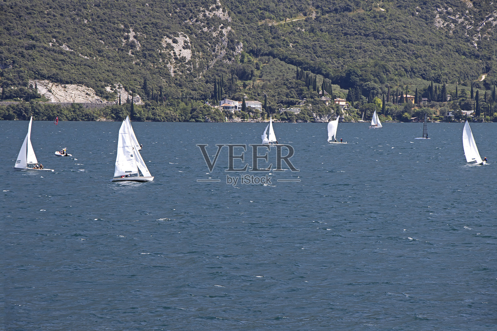 许多小帆船在意大利的加尔达湖上航行照片摄影图片