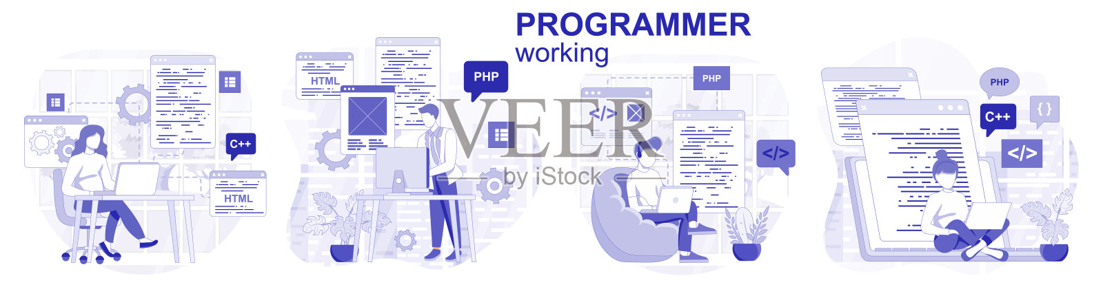 在平面设计中独立工作的程序员。人们编程软件，编码，测试，收集场景。矢量说明博客，网站，移动应用程序，宣传材料。插画图片素材