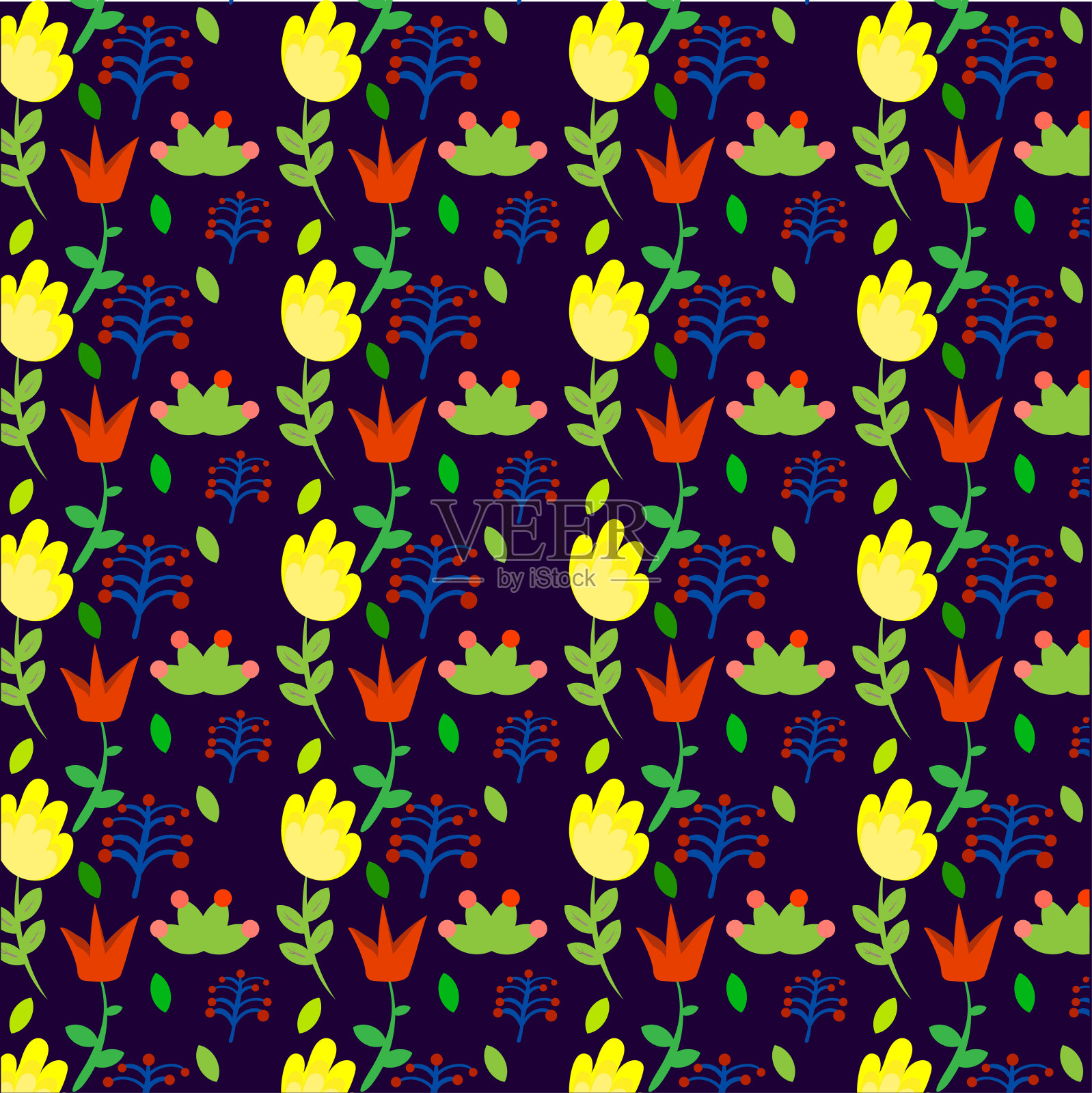 草甸花创造了一个无缝的模式。蓝色背景与玫瑰和绿色花瓣形成鲜明对比。插画图片素材