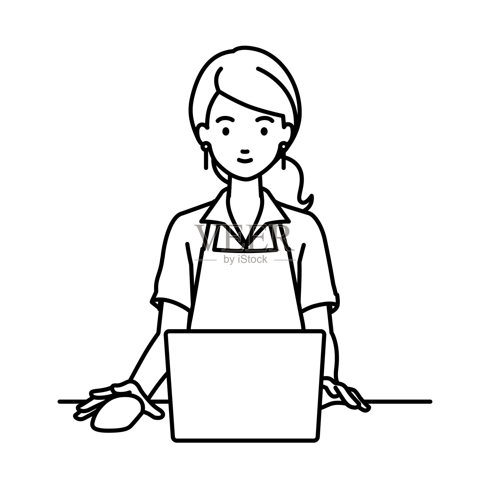 一位女士坐在咖啡馆的围裙上，在她的办公桌前使用笔记本电脑插画图片素材